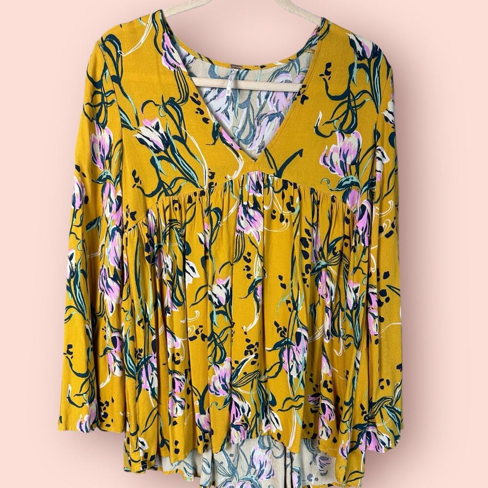 Free People Bella Golden Yellow Floral Print Tunic mini dress Size XS
